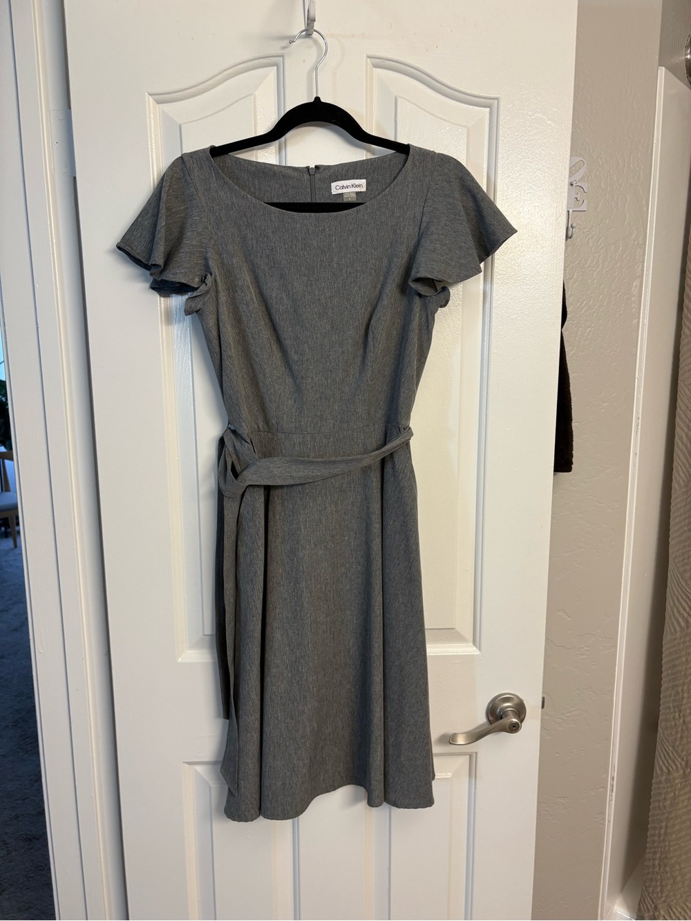 Calvin Klein Gray Flutter-Sleeve belted Dress